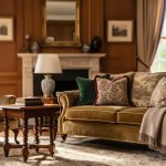 Warmly lit traditional living room with a wingback chair, velvet sofa, turned-leg wooden table, and layered damask and toile textiles.
