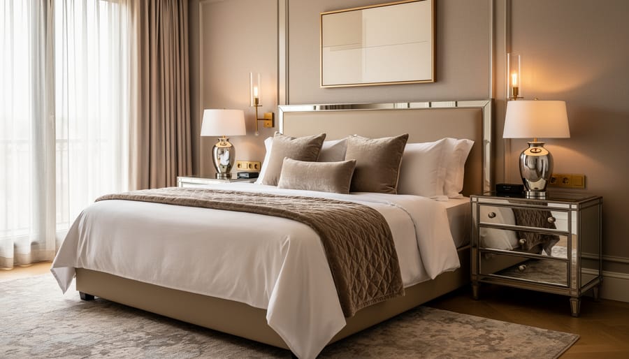 Close view of a glamorous bedroom with velvet and satin bedding, rose-gold lamp, and mirrored nightstand.