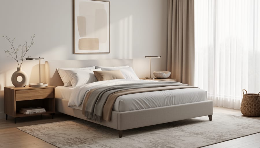 Bedroom decor featuring a textured throw, minimalist tray, and arched mirror in a contemporary neutral palette.