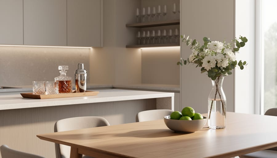 Contemporary kitchen and dining accessories including a ceramic fruit bowl, geometric placemats, and minimalist utensil holder.