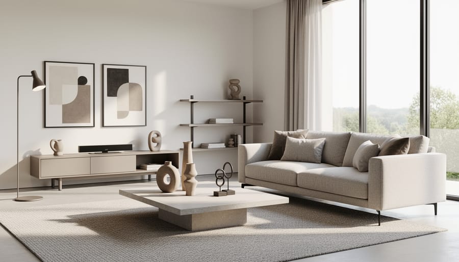 Contemporary living room decor with neutral throw pillows, sculptural vase, geometric wall art, and a matte-black floor lamp.