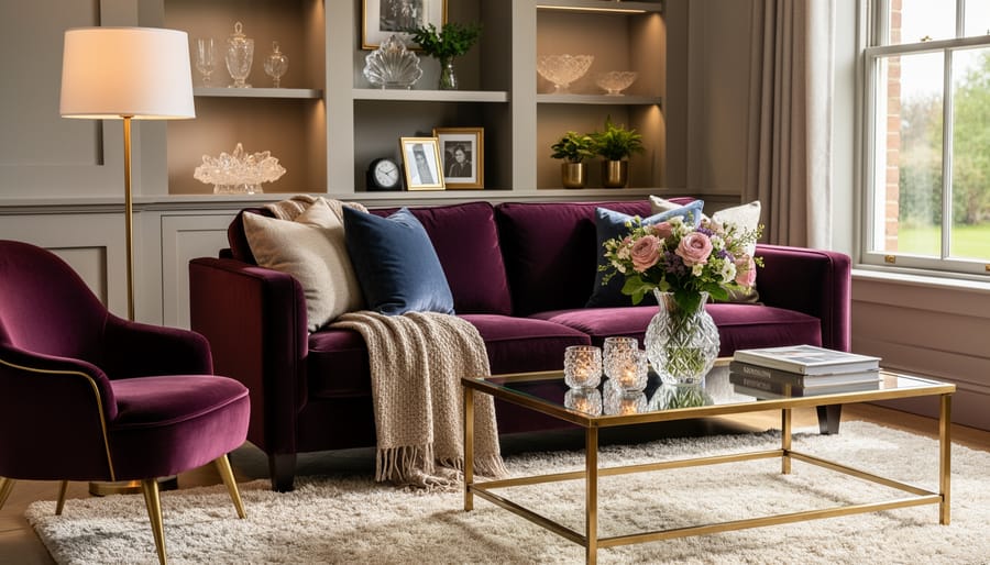 Glamorous living room with a velvet sofa, mirrored coffee table, brass lamp, and soft crystal chandelier lighting.