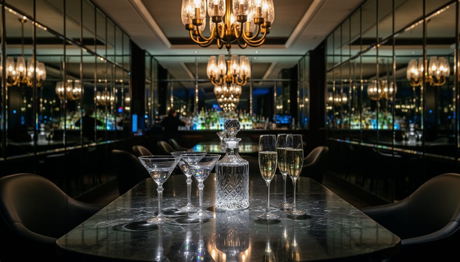 Cinematic dining room featuring a gold-accent table, mirrored bar cart, crystal decanter, and chandelier glow.