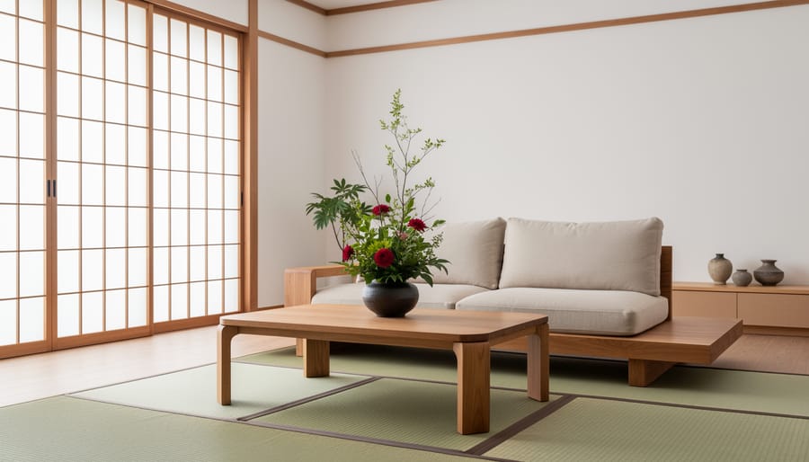 Serene Japanese-inspired living room with a shoji-style screen, low furniture, and ikebana arrangement