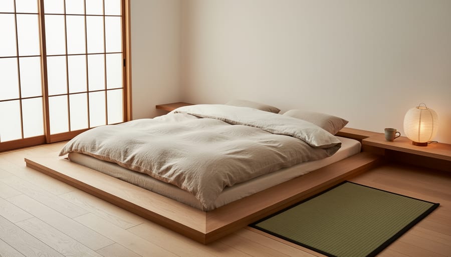 Minimal Japanese-style bedroom with low platform bed, natural futon bedding, and warm filtered sunlight