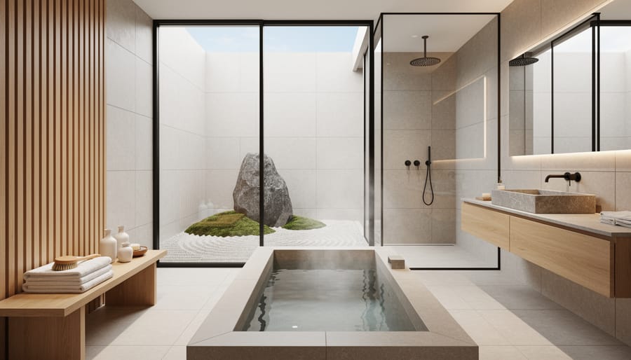 Minimalist Japanese-inspired bathroom with natural stone, wood accents, and a simple bathing setup