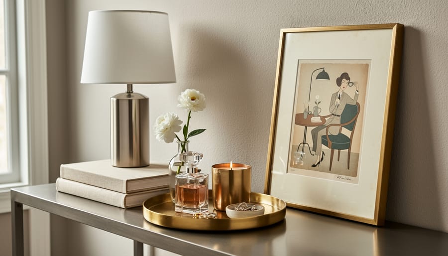 Close-up of gold and chrome refurbished decor items and velvet swatches arranged on a tabletop.