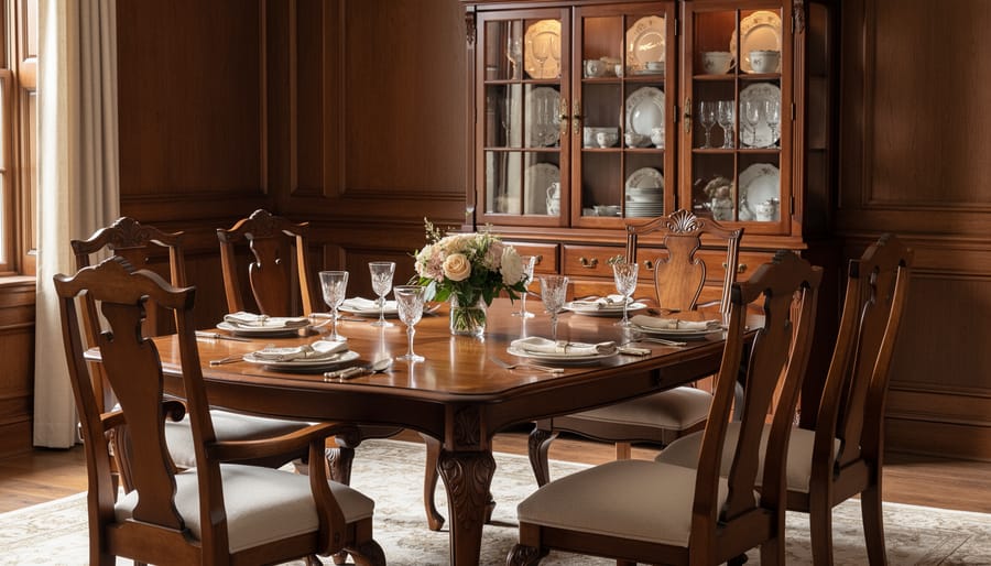Antique-inspired dining room scene with a walnut table, brass-accent chairs, and damask-like linen runner.