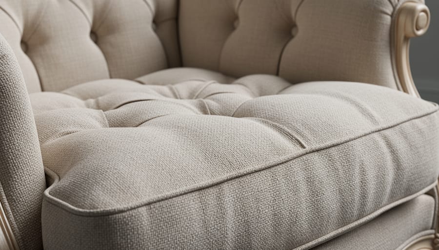 Close-up of a tufted Chesterfield sofa with velvet and linen pillows in a traditional interior.