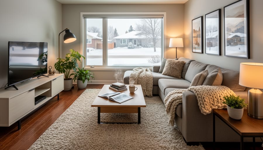 Cozy Winnipeg living room with layered textiles, a rug, and warm neutral decor in natural daylight