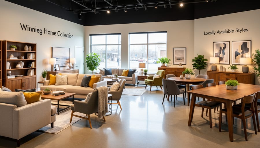 Modern furniture showroom in Winnipeg with sofa, chairs, and decorative items on display shelves