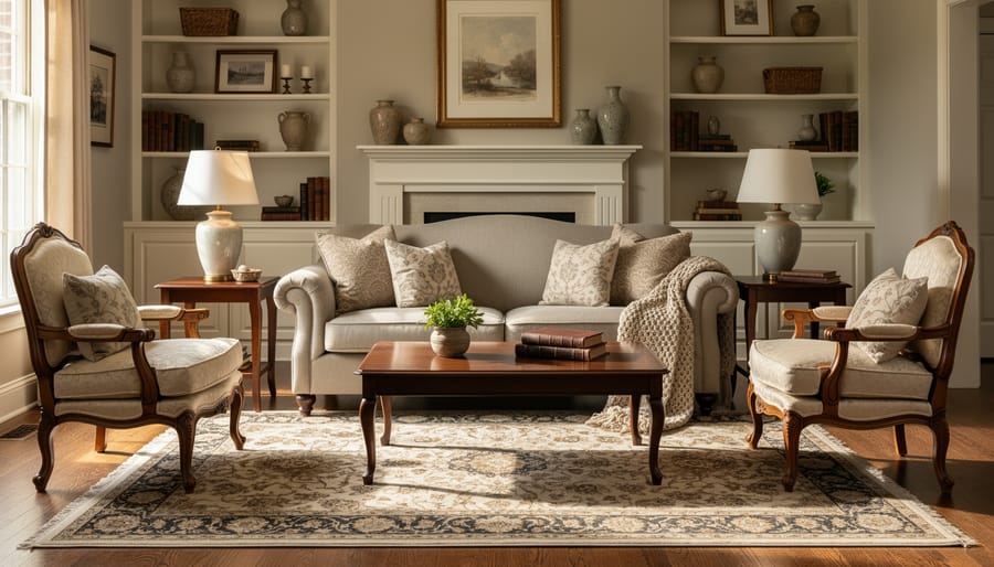 Traditional living room featuring a camelback sofa, wingback chair, carved wood side table, and layered patterned rugs.