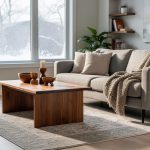Cozy Winnipeg living room featuring a modern sofa, wool throw, layered rugs, and warm wood decor with soft natural daylight through large windows.