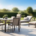 Outdoor patio dining set and lounge chairs in warm late-summer daylight, styled to highlight durable, high-quality materials.