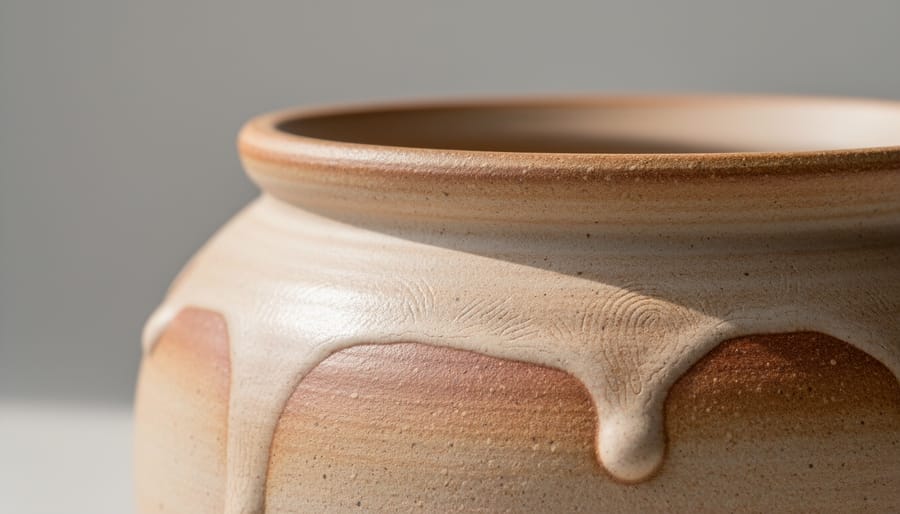 Hands glazing a ceramic bowl on a pottery wheel, highlighting handcrafted texture and imperfections.