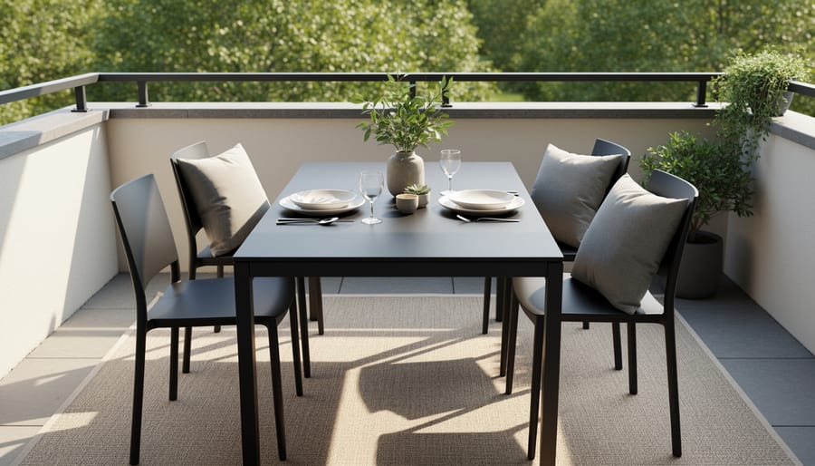 Black outdoor dining table on a patio with chairs and simple decor
