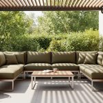 Person relaxing on a covered patio sectional with weather-resistant cushions and mixed-material outdoor furniture beneath a pergola.