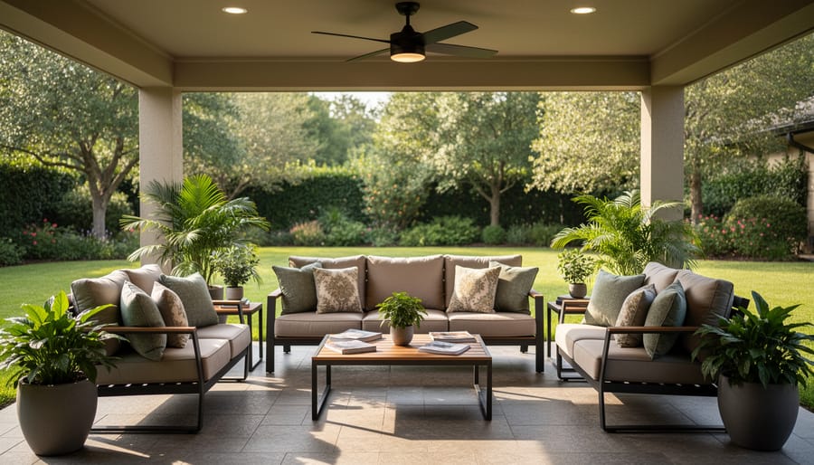 Person relaxing on an outdoor sectional with cushions under a covered patio pergola