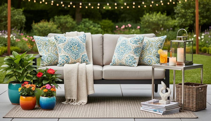 Outdoor accessories including pillows, planters, and lanterns arranged for a patio refresh