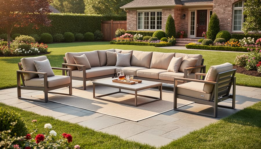 Premium outdoor conversation set with cushions in a backyard setting