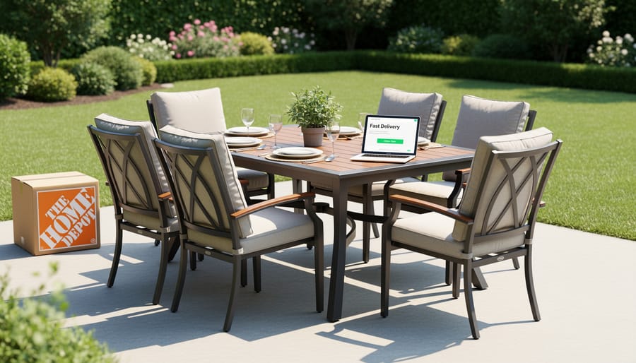 Outdoor dining set staged outside with a delivery van in the background