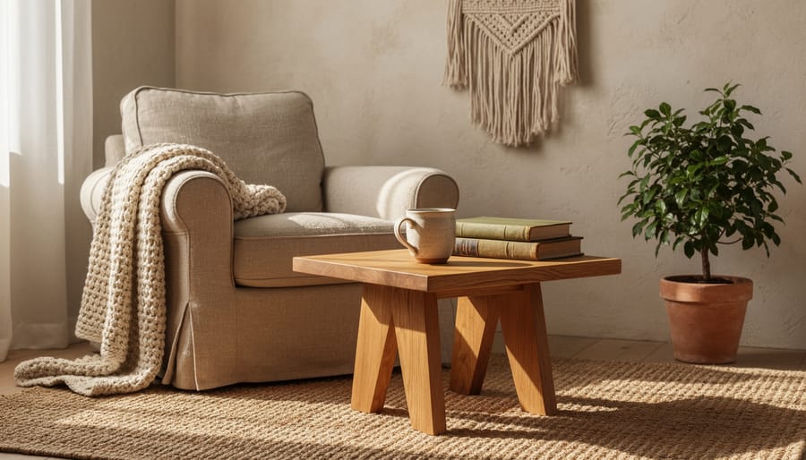 Handcrafted home decor items, handwoven wall hanging, carved wooden table, and handblown glass vase, in a warmly lit living room corner.