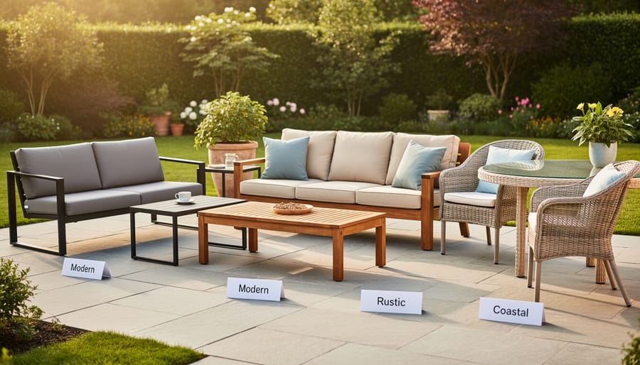 Multiple patio furniture styles displayed outdoors for comparison