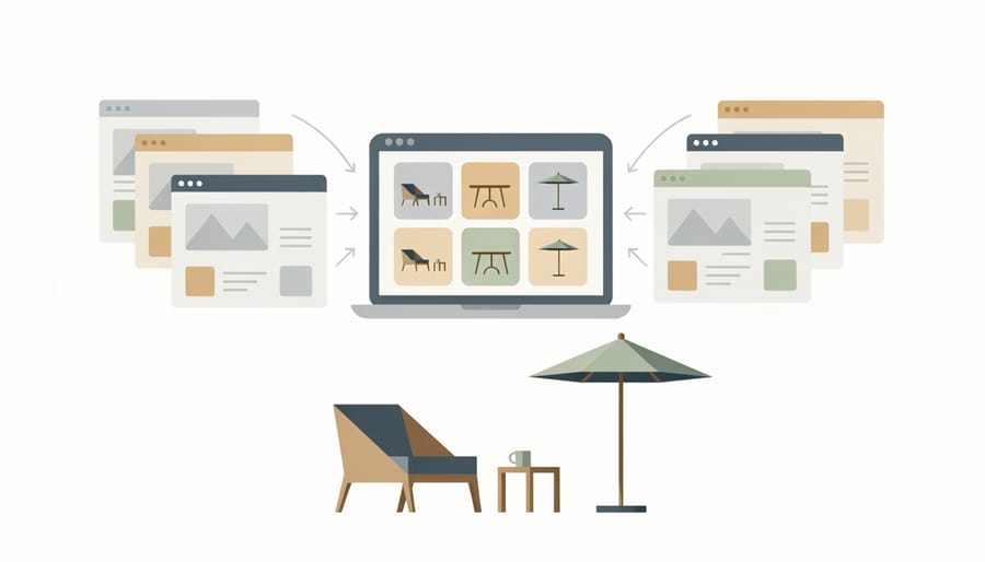 Comparison shopping scene for patio furniture with catalogs and a smartphone on a table
