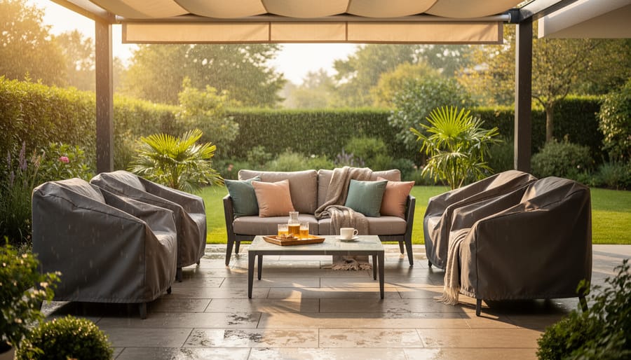 Outdoor pool deck with a fire pit table, lounge chairs, and a neatly covered patio furniture set