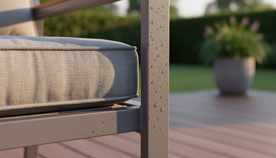 Close-up view of an outdoor furniture frame and weather-resistant cushion covers with textured fabric detail