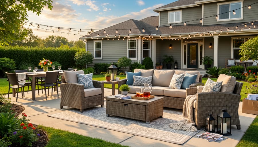 Cozy styled patio seating area at dusk with lantern lighting and outdoor decor