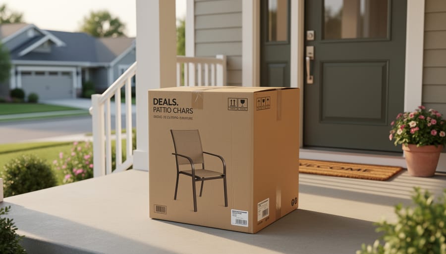 Outdoor chair package being brought to a porch with patio seating in the background