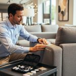 Customer service representative in a furniture showroom kneeling beside a sofa and delivery cart while addressing a small damage with a repair kit.