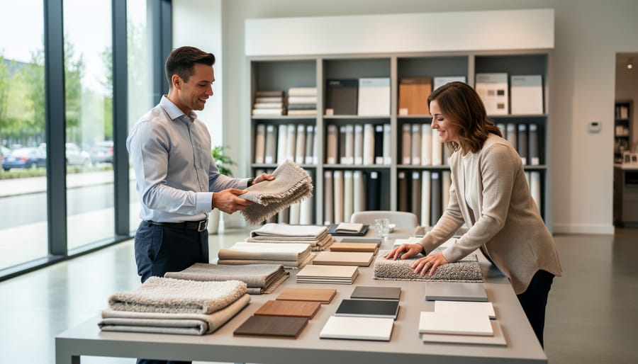 A furniture design consultant helps a customer review fabric swatches in a modern showroom.