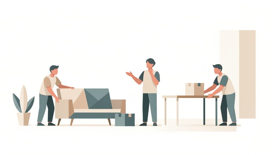 Movers reposition a sofa and rug while a customer watches in a living room.