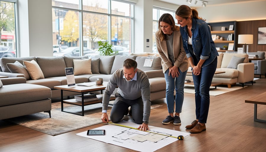 A delivery professional and customer measuring a living room beside a sectional couch.