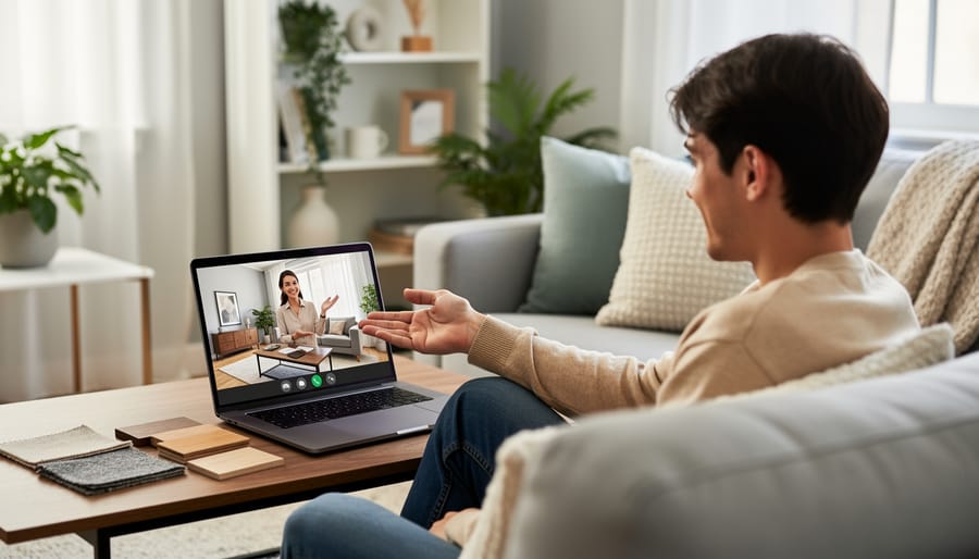 A person participates in a virtual furniture consultation using a tablet in a bright living room.